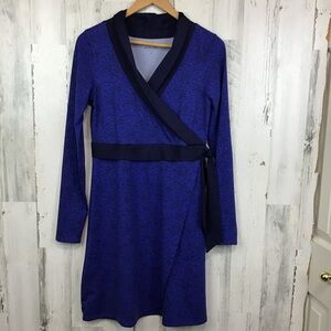 Athleta Women's S Blue Ponte Stretch Knit Dress Side Tie Long Sleeve Faux Wrap